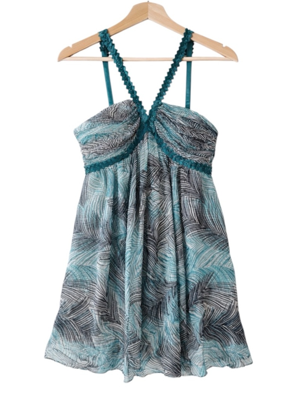 BCBG Max Azria Teal Printed Babydoll Dress Boho Flowy Mini Sundress Y2K Coquette